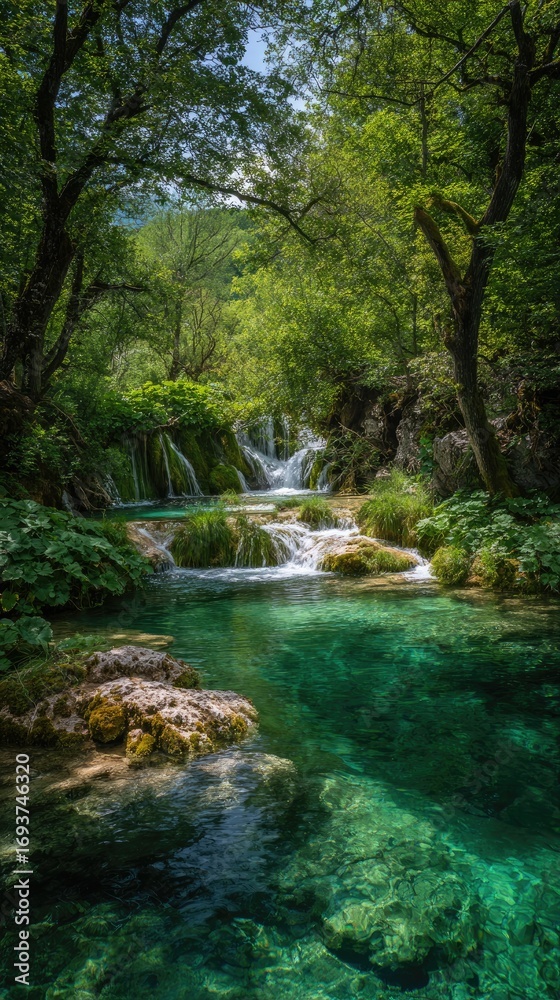 Fototapeta premium Lush forest waterfall cascading into crystal clear water