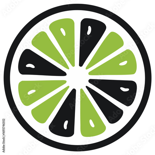 Sliced lime section with green and black, showing fruit pulp inside a black circle, illustration