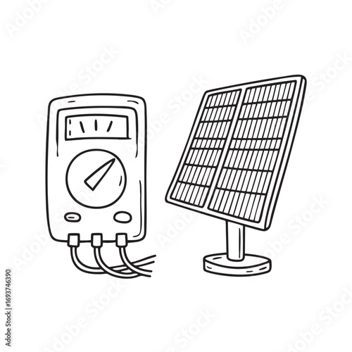A voltmeter beside a solar panel