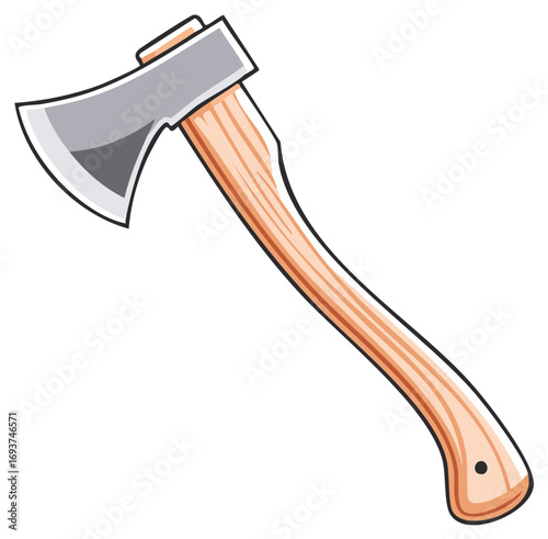 Detailed cartoon illustration of a traditional axe with a wooden handle and sharp metal blade