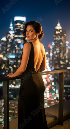 Elegant woman in a black gown on a balcony with a city skyline at night.