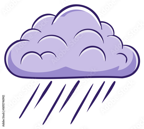 Cartoon style purple rain cloud with dark purple raindrops illustration