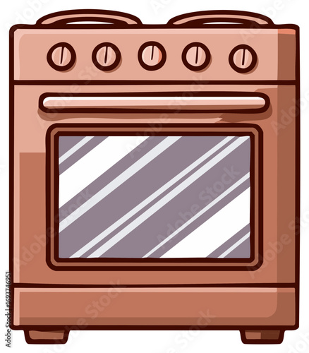Cartoon illustration of a classic copper freestanding kitchen stove with an oven door
