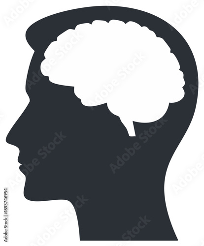Human head profile silhouette with visible brain icon representing mind, thought, and psychology