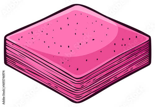 Square pink pastry with dark speckles stacked high and detailed edges