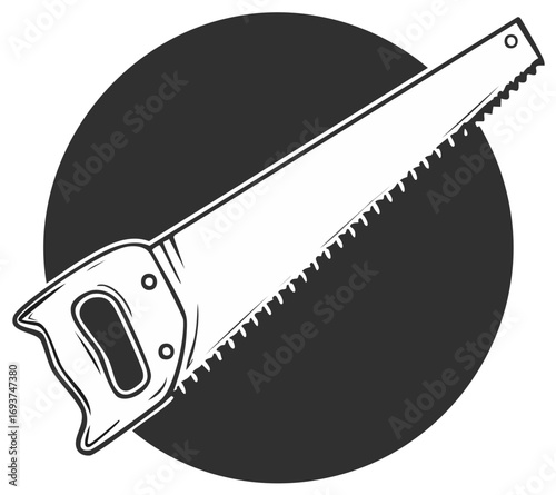 Black and white vector icon of a classic hand saw for carpentry and woodworking