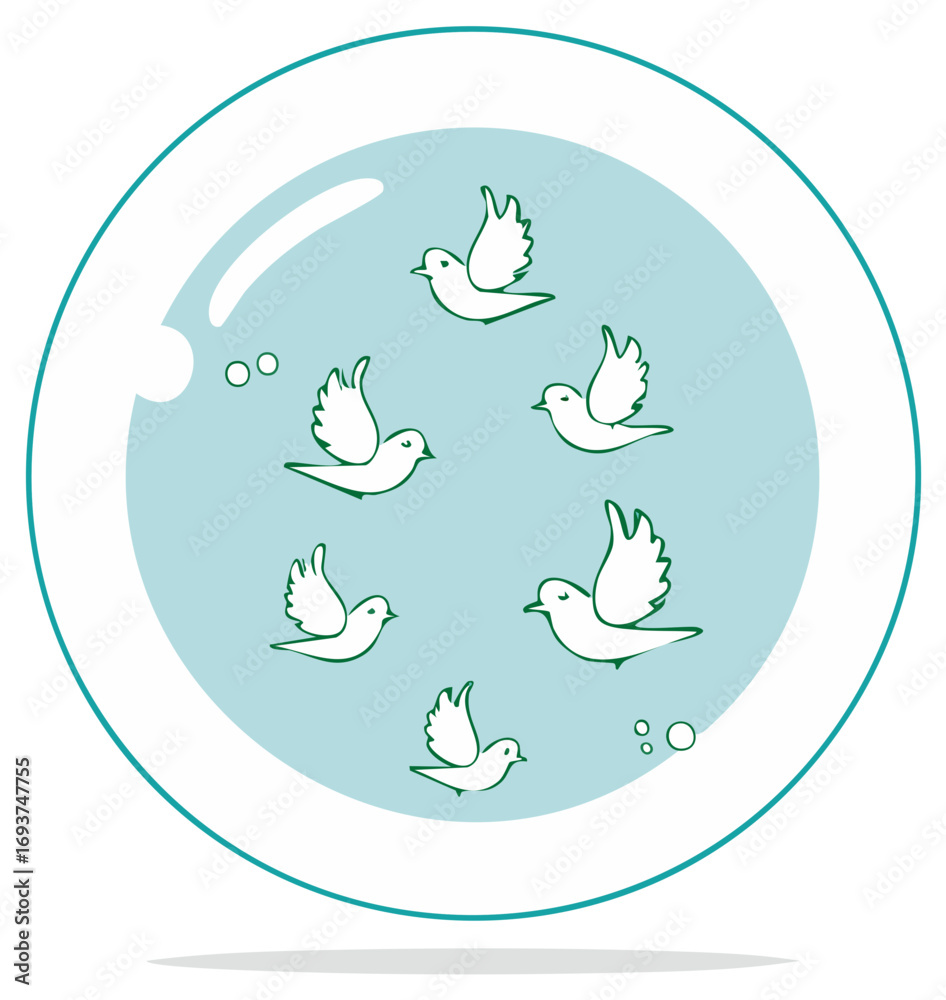 Obraz premium Floating Birds in a Circle Light Blue Background Minimalist Design, Flying Doves, Decorative Graphics for Peace and Simplicity