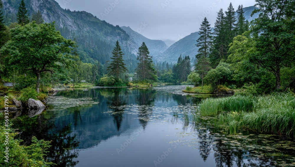 Fototapeta premium Misty mountain lake, tranquil reflection
