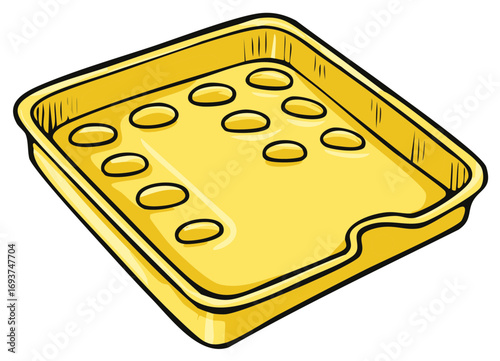 Yellow plastic food tray with holes cartoon illustration, perfect for food concepts and designs