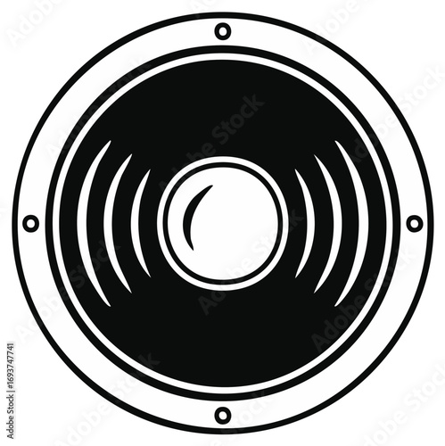 Black and white graphic illustration of a speaker with sound waves radiating outwards, in circular design