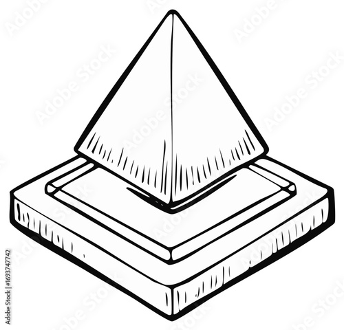 Illustration of a geometric pyramid on a square base, vector design in black and white.