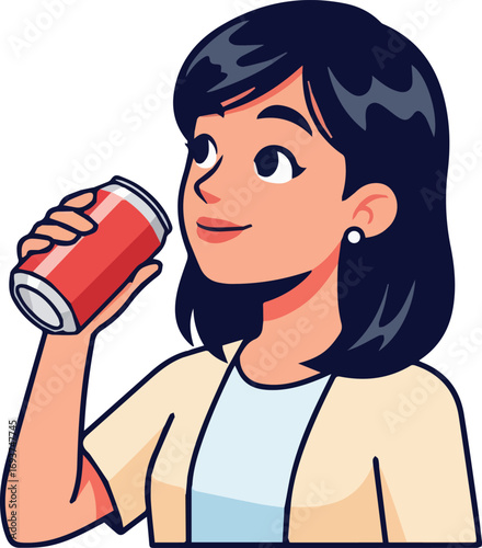 A beautiful young woman smiling while drinking a carbonated soft drink from a red aluminum can. Isolated vector character design illustration