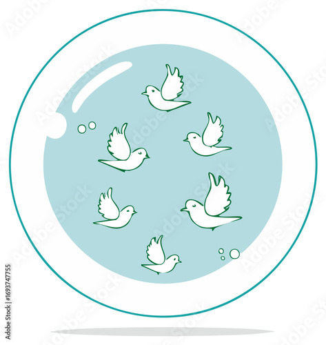 Floating Birds in a Circle Light Blue Background Minimalist Design, Flying Doves, Decorative Graphics for Peace and Simplicity
