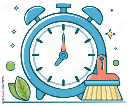 Cleanliness concept with blue alarm clock, small broom, and fresh green leaves illustration