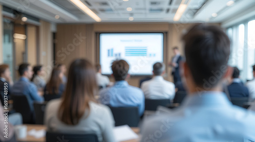 Blurry image of business presentation with audience seated in modern conference room, focusing on learning and collaboration