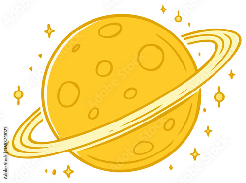 Simple bright yellow planet with prominent orbital rings and shimmering stars cartoon illustration