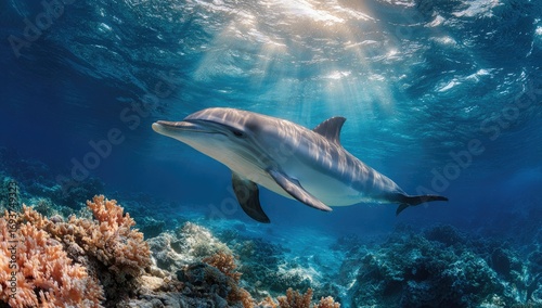 Wallpaper Mural Underwater dolphin amidst coral reef, sunbeams Torontodigital.ca