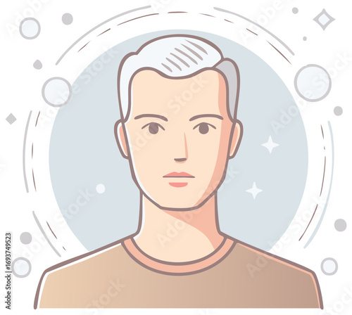 Line Art Portrait of an Elegant Young Man with Silver Hair in Formal Neutral Attire Against Cosmic Backdrop