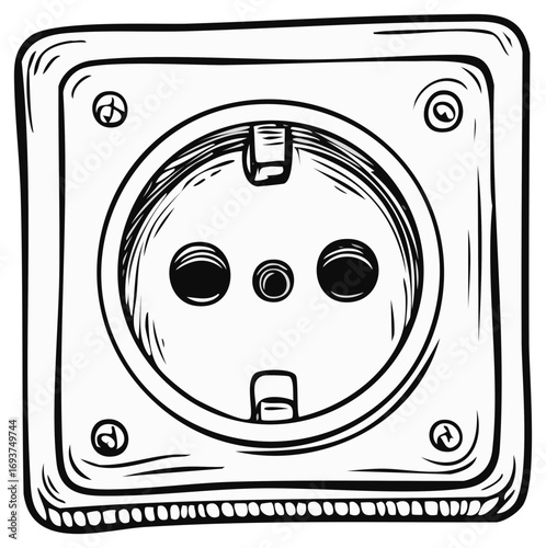 Drawn European Electrical Socket Outlet Wall Illustration, Black and White