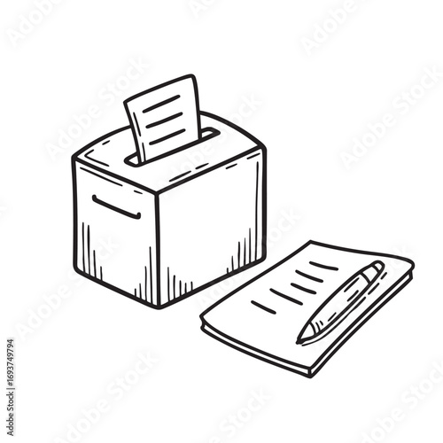 A vote box beside a pen and ballot sheet