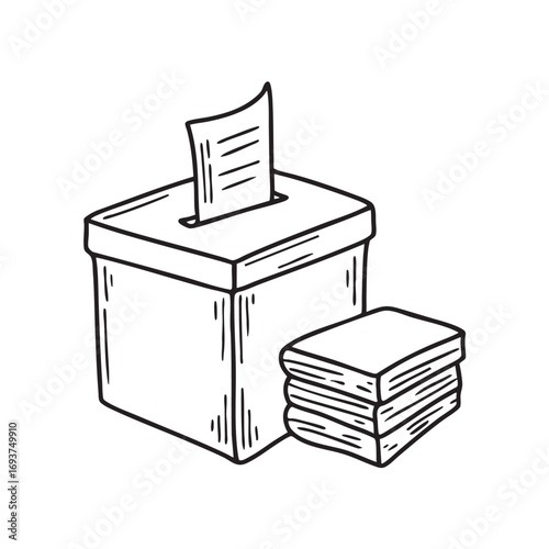A vote box beside a stack of papers