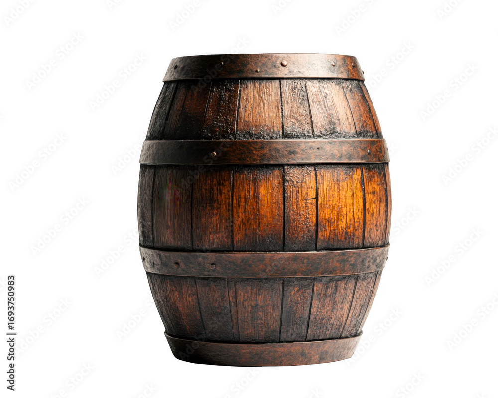 Fototapeta premium Rustic wooden barrel with aged metal hoops stands tall on transparent background
