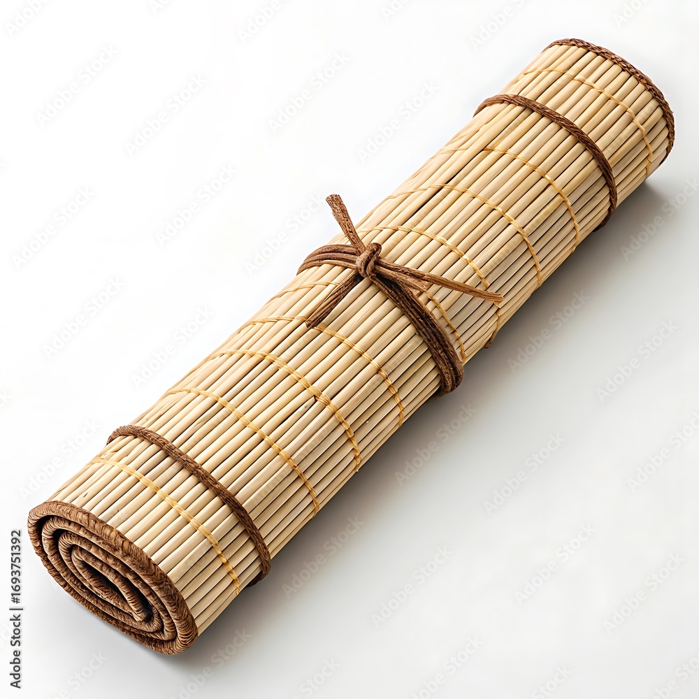 Obraz premium A tightly rolled bamboo sushi mat with brown string ties on a plain white surface in a studio shot