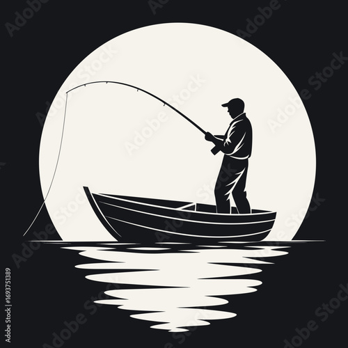 Silhouette of fisherman casting rod from boat with moon and water reflection vector illustration