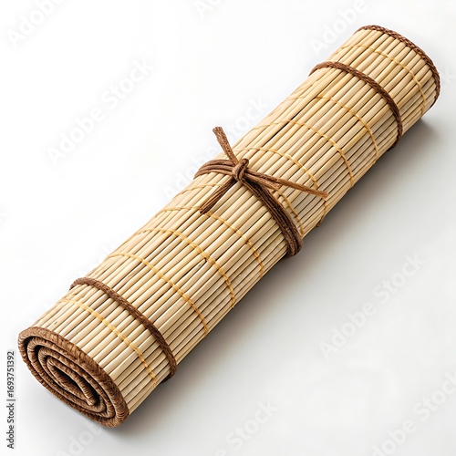 A tightly rolled bamboo sushi mat with brown string ties on a plain white surface in a studio shot