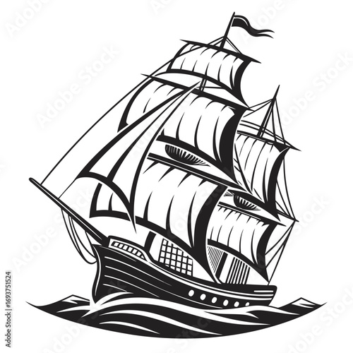 Vintage sailing ship silhouette vector illustration nautical marine travel sea ocean adventure