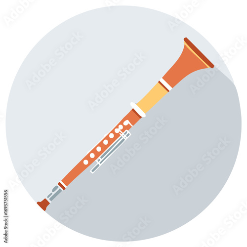 Stylized woodwind instrument icon with long shadow effect in a modern flat design
