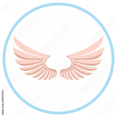 Graphic wings on white, pale pink vintage stylized wings within a blue circle, angel wing vector clip art.