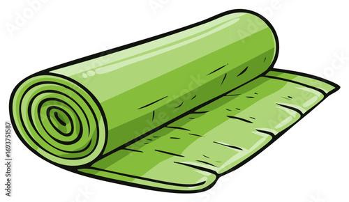 A bright green rolled up fitness mat with a partially unrolled section