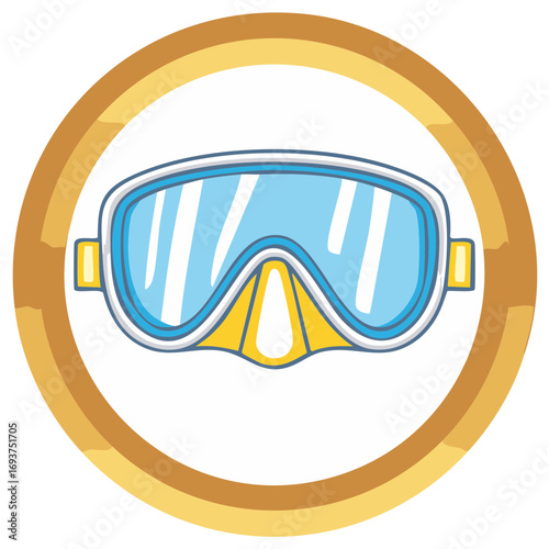Cartoon diving mask illustration with blue lens and yellow accents inside a golden circle