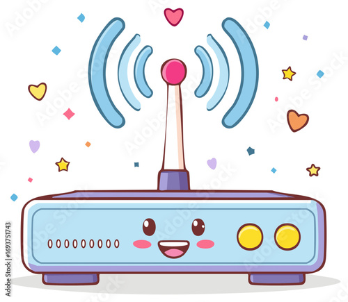 Cute Kawaii Wi-Fi Router Character Emitting Signals with Hearts and Stars