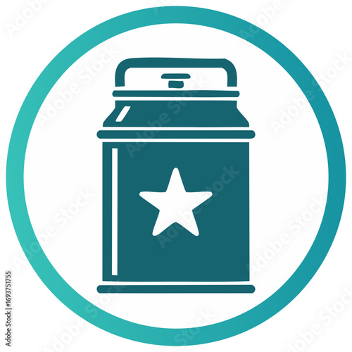 Vintage milk can with a star symbol in a gradient circle. A vector icon for dairy and farm products.