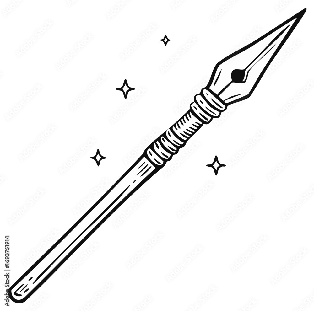 Naklejka premium Hand-Drawn Spear Illustration with Stars: A Sharp Weapon Depiction in Black and White
