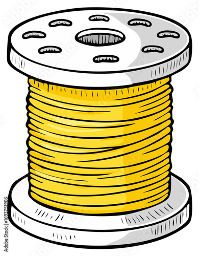 Cartoon spool of yellow thread with a clean industrial design and white background