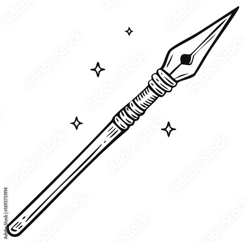 Hand-Drawn Spear Illustration with Stars: A Sharp Weapon Depiction in Black and White