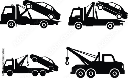 Tow Truck Silhouette Vector Set with Car Recovery Icons Isolated