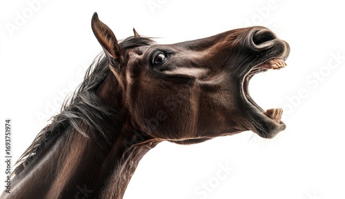 Close-up of a horse's head, wide open mouth, expressive