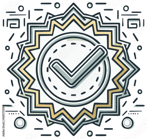 Certified Check Mark Badge with Geometric Sunburst and Lines Illustration