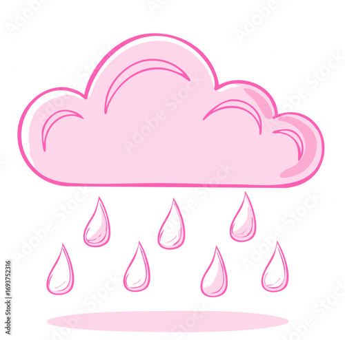 Whimsical pink cloud emitting rain drops, illustration, isolated, clean vector graphics