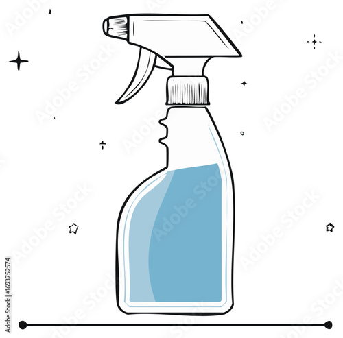 Cleaning spray bottle with blue liquid and stylized sparkles