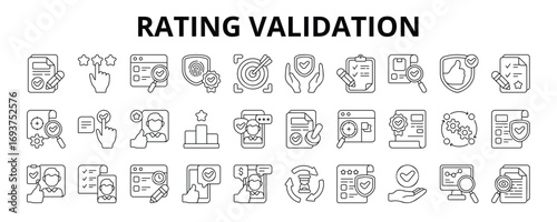 30 Rating Validation Line Icons Vector - Authenticity, Trustworthiness, Evaluation, Reliability, Ranking, Monitoring, Transparency
