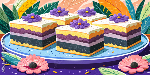 Austrian mohntorte poppy seed cake dessert cartoon vector, layered sweet pastry, Viennese delicacy, cultural European recipe