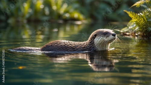 Playful otter swimming gracefully in a serene pond surrounded by lush greenery and reflections