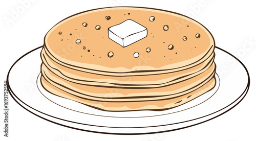 Stack of golden pancakes with a pat of butter and scattered berries on a white plate