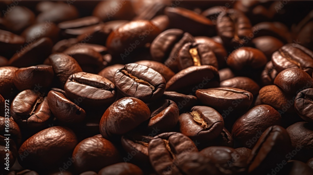Naklejka premium coffee beans, dark roasted, close-up, textured, aromatic, rich, gourmet, studio lighting, detailed, high resolution 