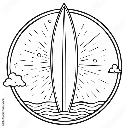 Surfboard Emblem with Waves, Clouds, and Sun Rays Graphic Symbol for Summer Surf Shop